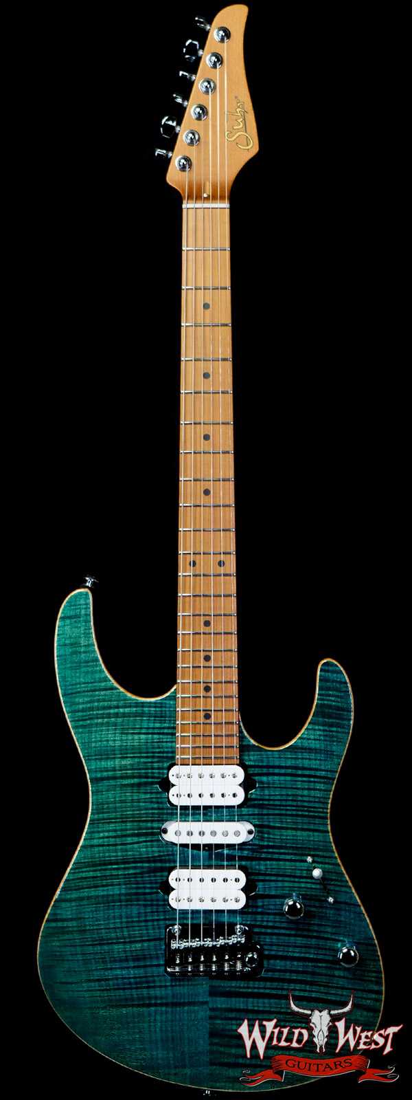 Suhr Custom Modern HSH Flame Maple Top Roasted Maple Neck Trans Teal