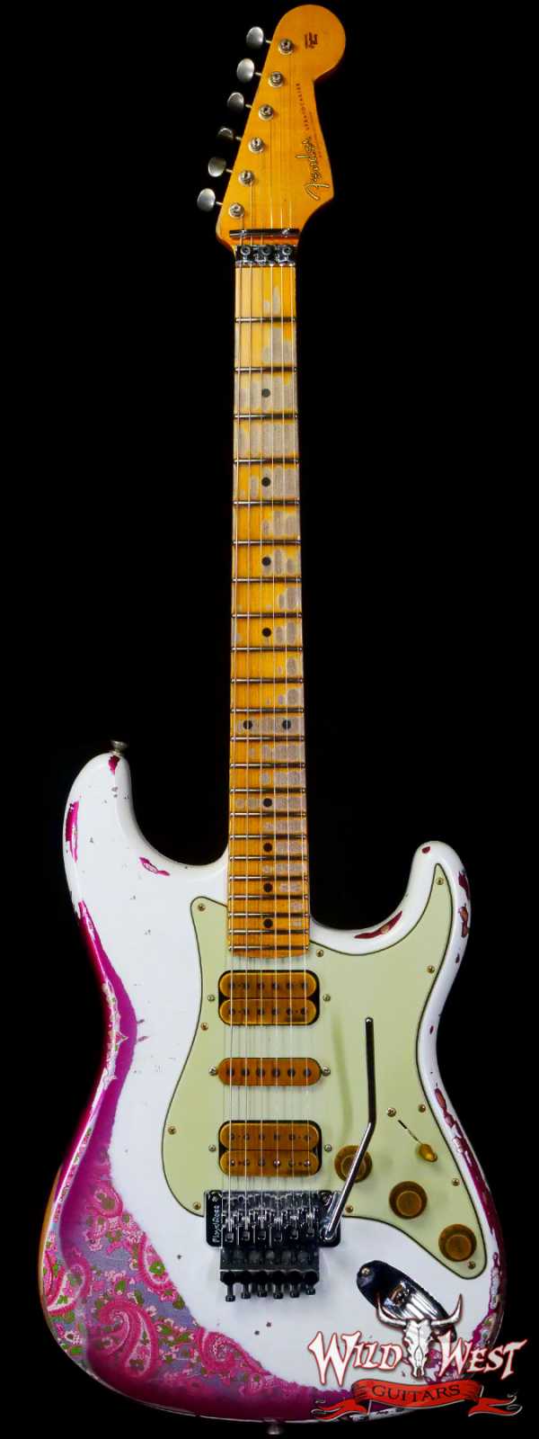 Fender Custom Shop Wild West White Lightning Stratocaster HSH Floyd Rose Maple Board 22 Frets Heavy Relic Pink Paisley