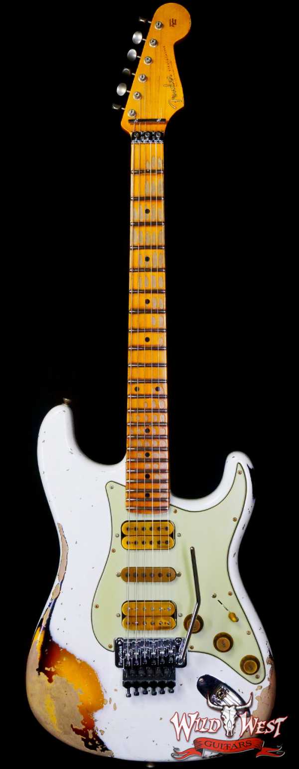 Fender Custom Shop Wild West White Lightning Stratocaster HSH Floyd Rose Maple Board Heavy Relic Olympic White over 2 Tone Sunburst
