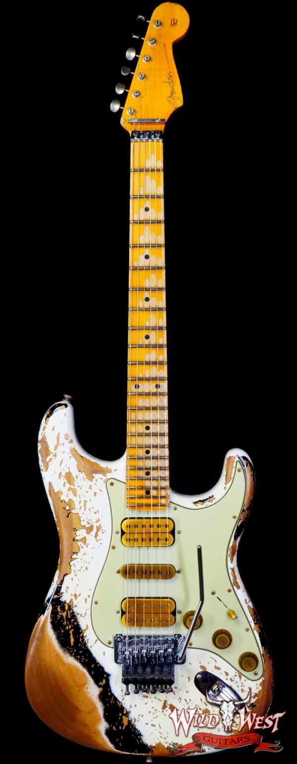 Fender Custom Shop Wild West White Lightning Stratocaster HSH Floyd Rose Maple Board Heavy Relic Olympic White over Black