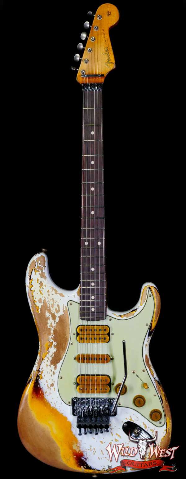 Fender Custom Shop Wild West White Lightning Stratocaster HSH Floyd Rose Rosewood Fingerboard Heavy Relic Olympic White over 3 Tone Sunburst