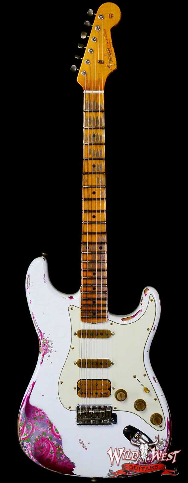 Fender Custom Shop Wild West White Lightning 2.0 Stratocaster HSS Maple Board 21 Frets Heavy Relic Pink Paisley 7.85 LBS