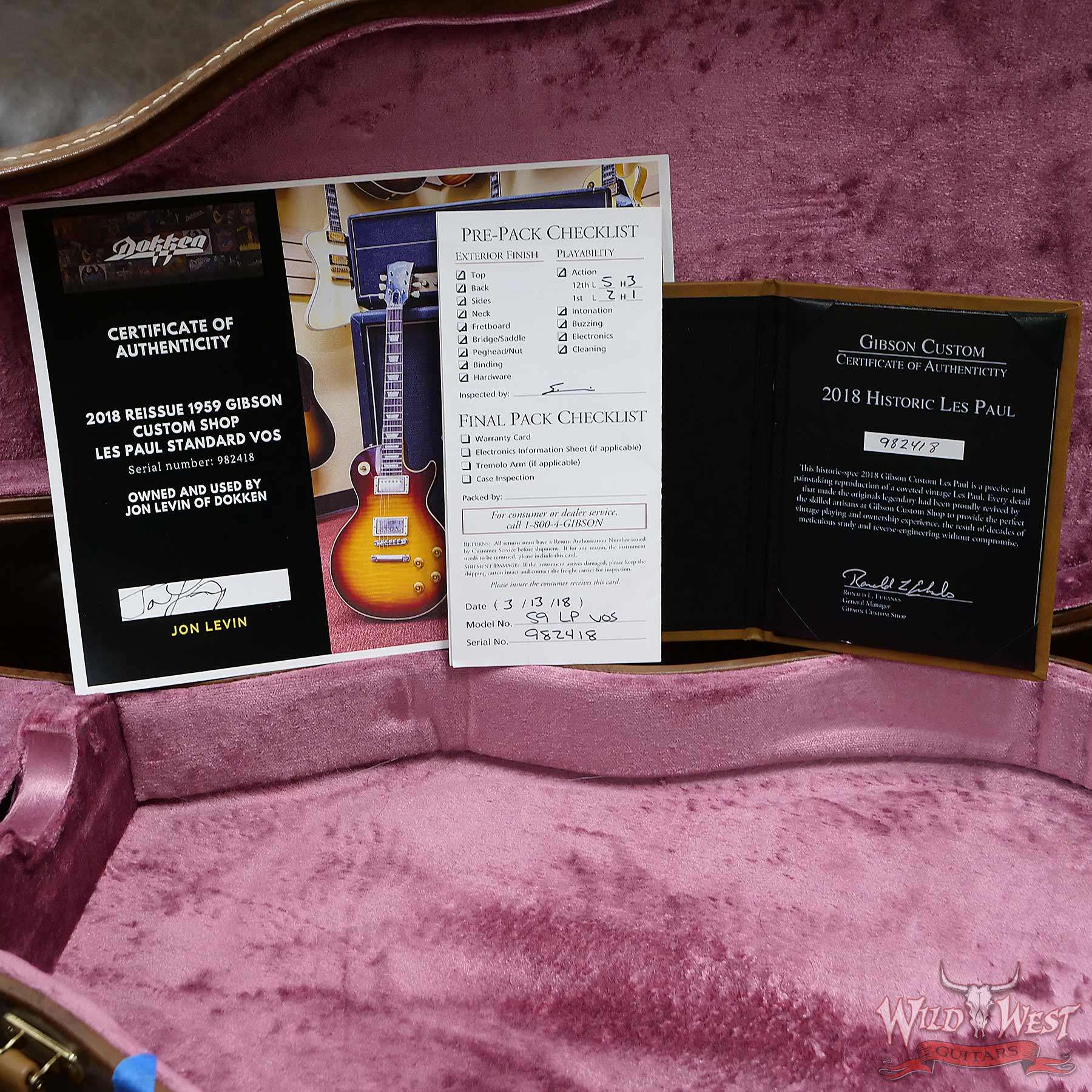 2018-gibsoncs-1958lp-vos-982418-coa__wwg.jpg 2018 Gibson Custom Shop 1959 Les Paul Standard Reissue VOS Vintage Cherry Owned by Jon Levin of Dokken 8.55 LBS - Image 15