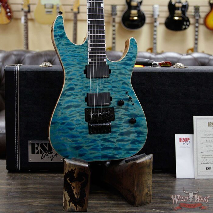 ESP USA M-II FR Floyd Rose DLX EMG Pickups Quilted Maple Top with Mahogany Body Ebony Fingerboard See-Thru Blue - Image 9