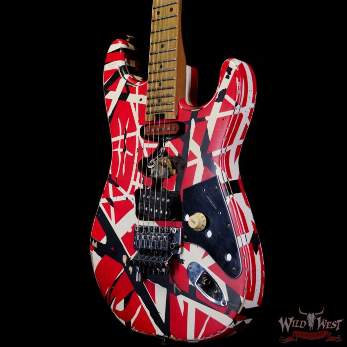 EVH Striped Series Frankenstei Frankie Maple Fingerboard Red with Black Stripes Relic - Image 2