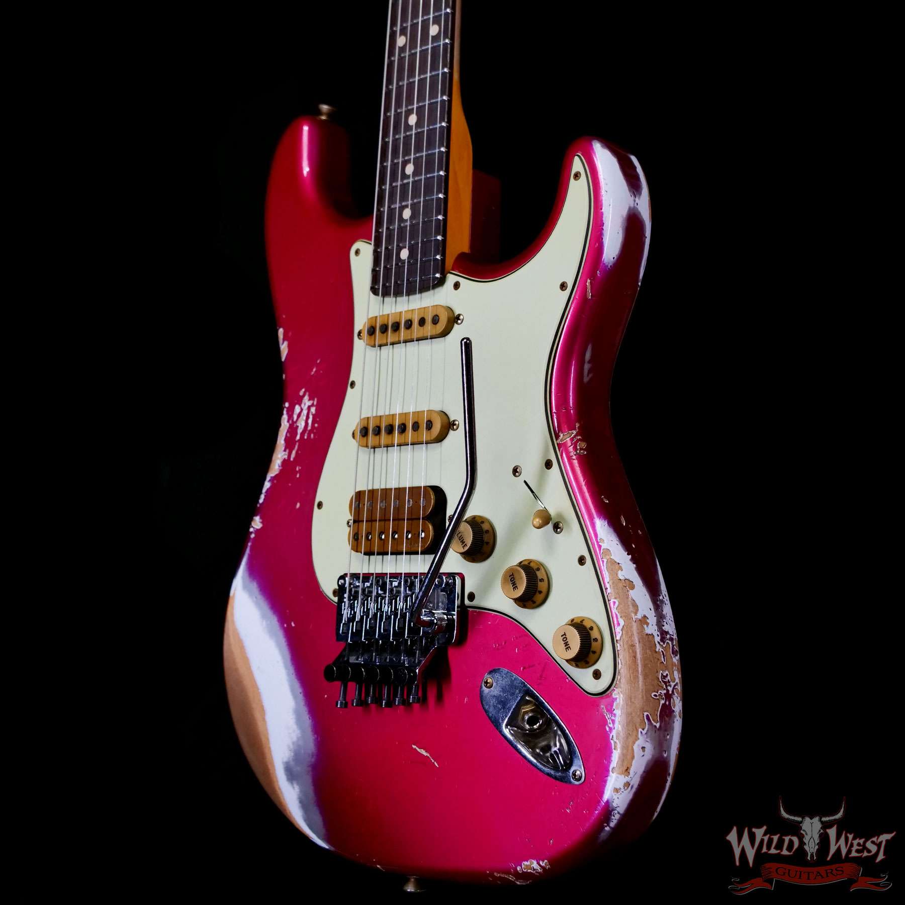 fender-r134716-br__wwg.jpg Fender Custom Shop Wild West Pink Lightning Stratocaster HSS Floyd Rose Rosewood Board 22 Frets Heavy Relic Lipstick Pink Metallic 8.20 LBS - Image 2