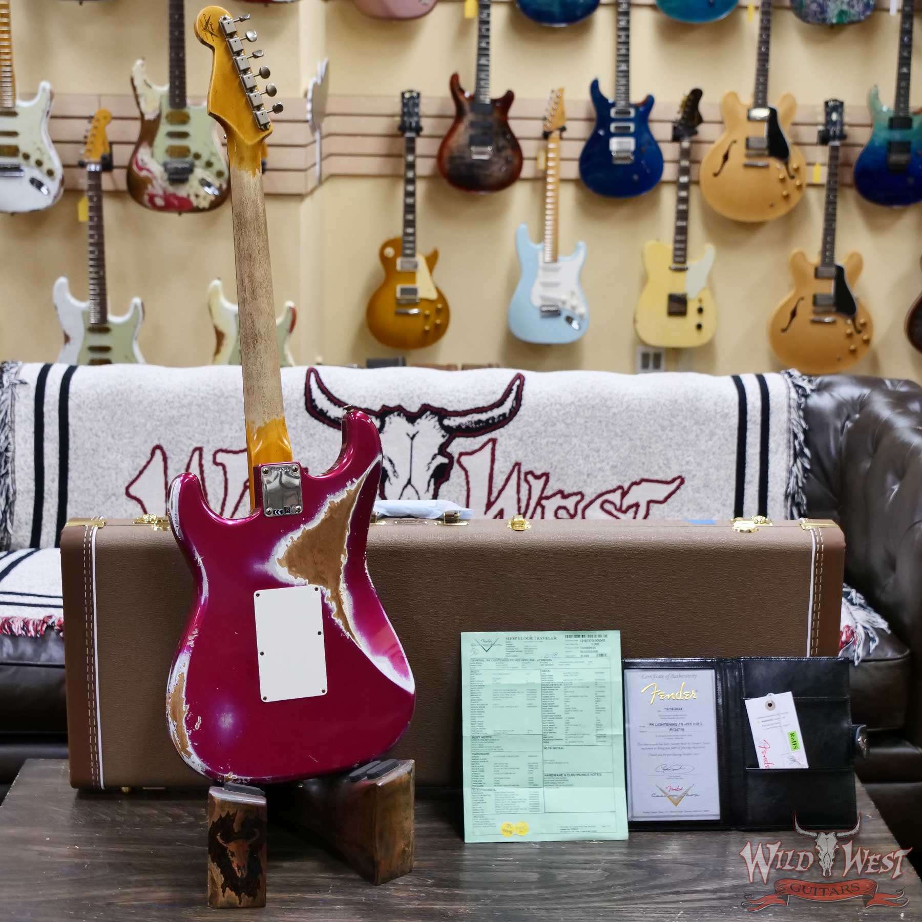 fender-r134716-d10__wwg.jpg Fender Custom Shop Wild West Pink Lightning Stratocaster HSS Floyd Rose Rosewood Board 22 Frets Heavy Relic Lipstick Pink Metallic 8.20 LBS - Image 14