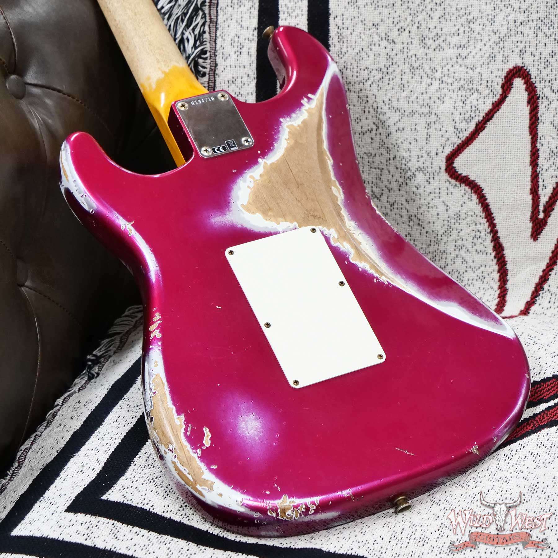fender-r134716-d4__wwg.jpg Fender Custom Shop Wild West Pink Lightning Stratocaster HSS Floyd Rose Rosewood Board 22 Frets Heavy Relic Lipstick Pink Metallic 8.20 LBS - Image 11