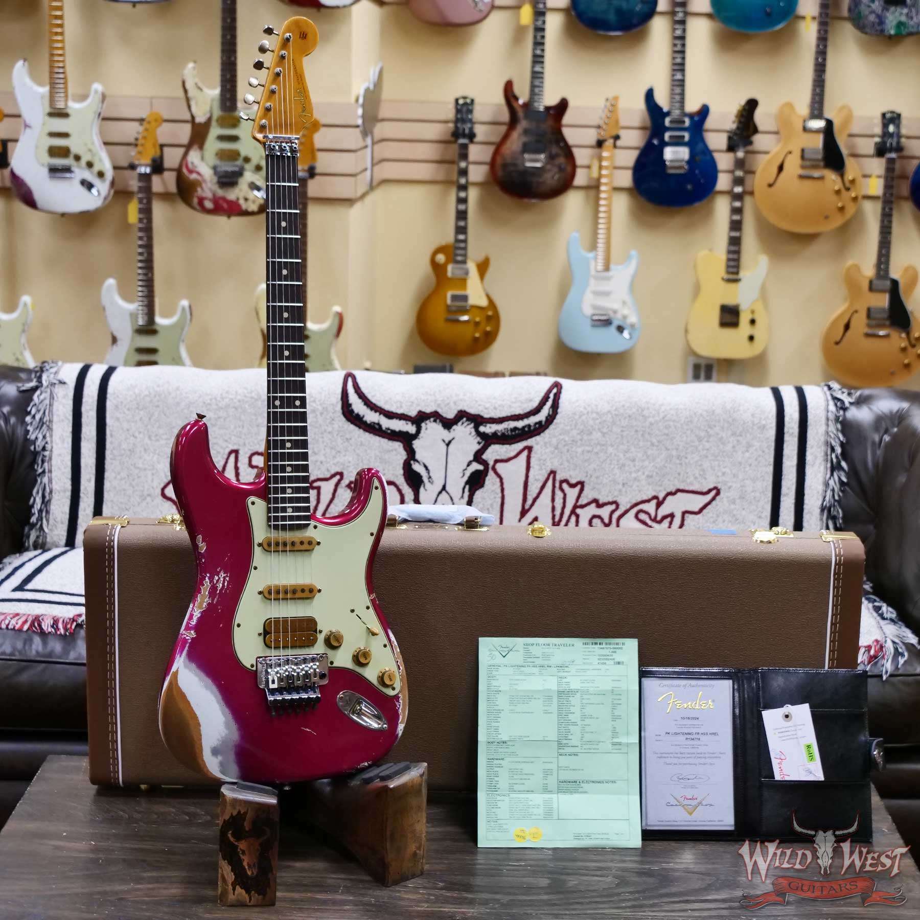 fender-r134716-d6__wwg.jpg Fender Custom Shop Wild West Pink Lightning Stratocaster HSS Floyd Rose Rosewood Board 22 Frets Heavy Relic Lipstick Pink Metallic 8.20 LBS - Image 7