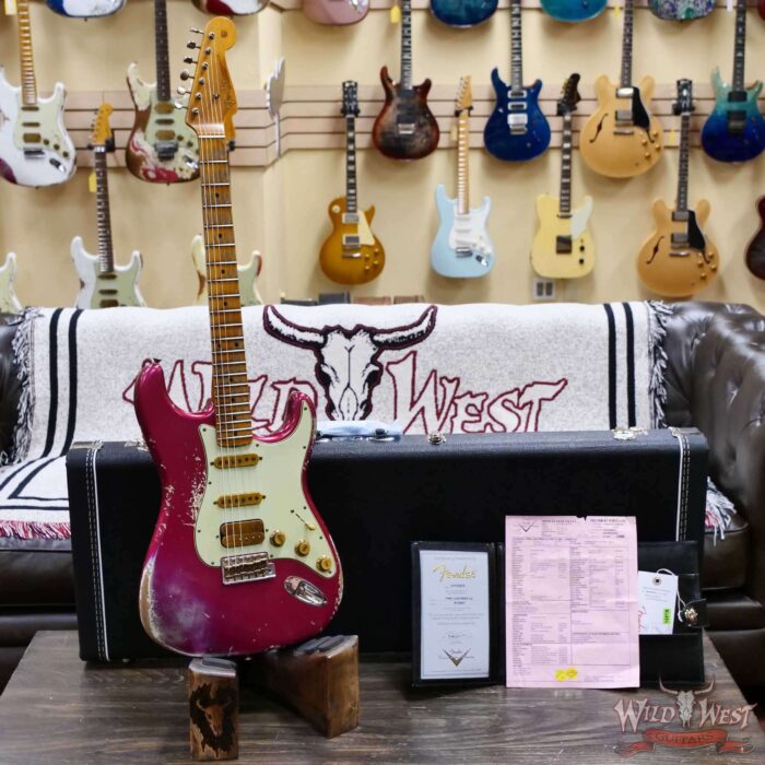 Fender Custom Shop Wild West Pink Lightning 2.0 Stratocaster HSS Maple Board 21 Frets Heavy Relic Lipstick Pink Metallic over Olympic White 8.00 LBS - Image 6