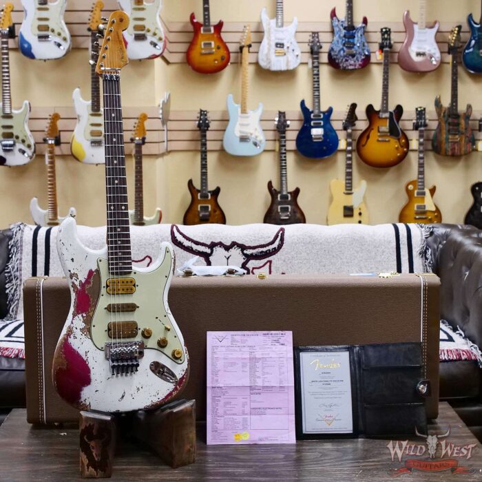 Fender Custom Shop Wild West White Lightning Stratocaster HSH Floyd Rose Rosewood Board 22 Frets Heavy Relic Lipstick Pink Metallic 8.20 LBS - Image 6