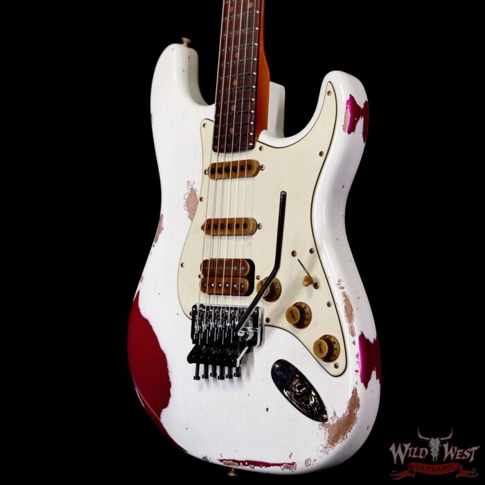 Fender Custom Shop Wild West White Lightning Stratocaster HSS Floyd Rose Rosewood Board 22 Frets Heavy Relic Lipstick Pink Metallic 8.05 LBS - Image 3