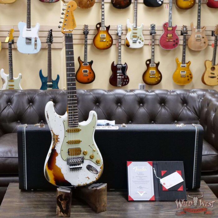 Fender Custom Shop Wild West White Lightning Stratocaster HSS Floyd Rose Rosewood Board 22 Frets Heavy Relic 3 Tone Sunburst - Image 6