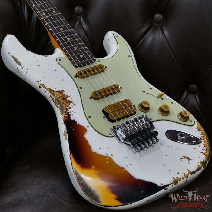 Fender Custom Shop Wild West White Lightning Stratocaster HSS Floyd Rose Rosewood Board 22 Frets Heavy Relic 3 Tone Sunburst - Image 8