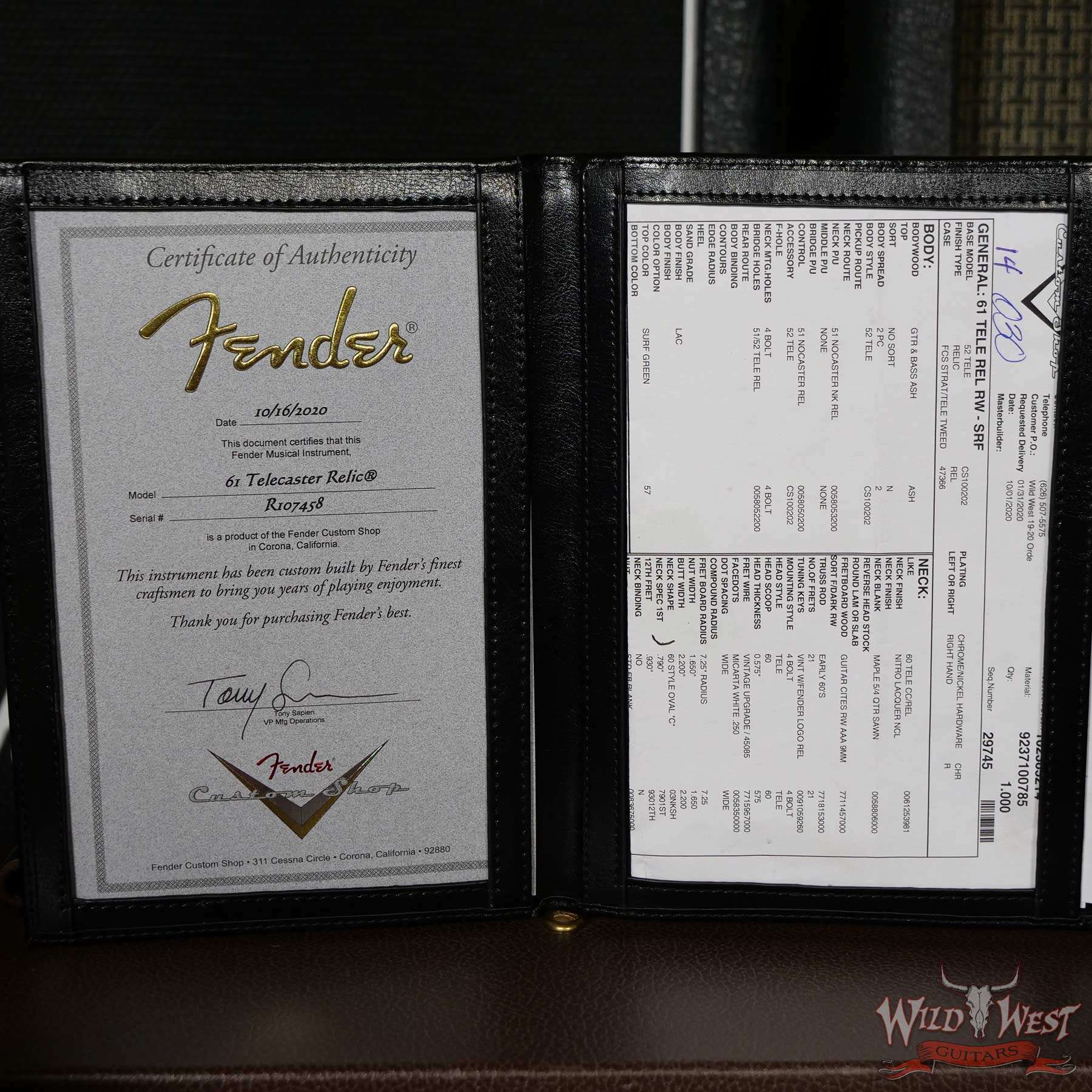 fendercs-1961telerelic-sfg-r107458-coa__wwg.jpg Fender Custom Shop 1961 Telecaster Relic Quater-Sawn Maple AAA Rosewood Fingerboard Surf Green - Image 12