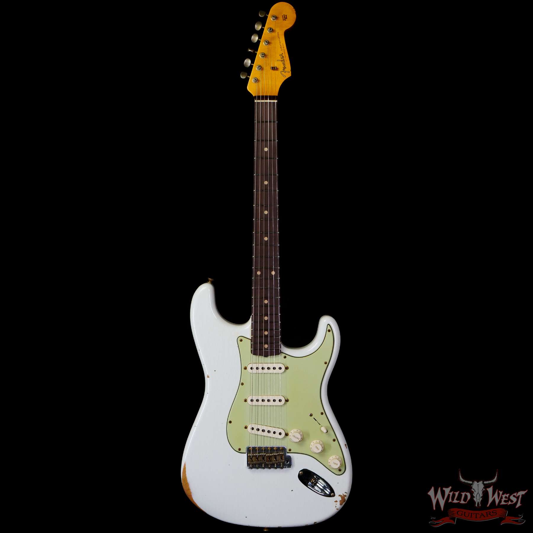 fendercs-1962strat-r-owt-r120827-c1__wwg.jpg Fender Custom Shop 1962 Stratocaster Hand-Wound Pickups AAA Dark Rosewood Slab Board Relic Olympic White - Image 3