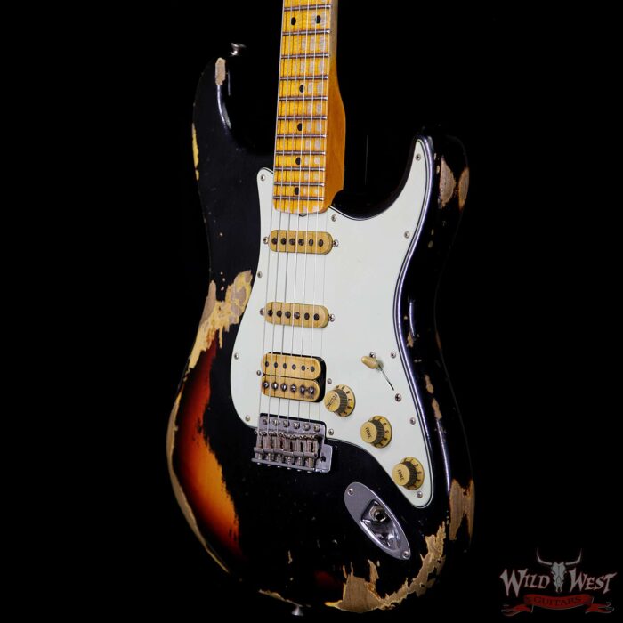 Fender Custom Shop Black Lightning 2.0 Stratocaster Heavy Relic HSS 21 Black over 3 Tone Sunburst - Image 2