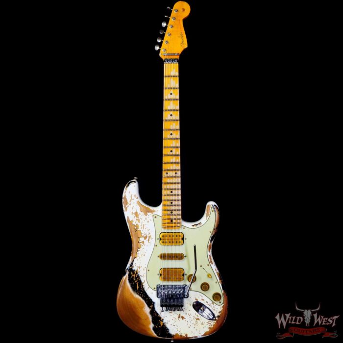 Fender Custom Shop Wild West White Lightning Stratocaster HSH Floyd Rose Maple Board Heavy Relic Olympic White over Black - Image 3