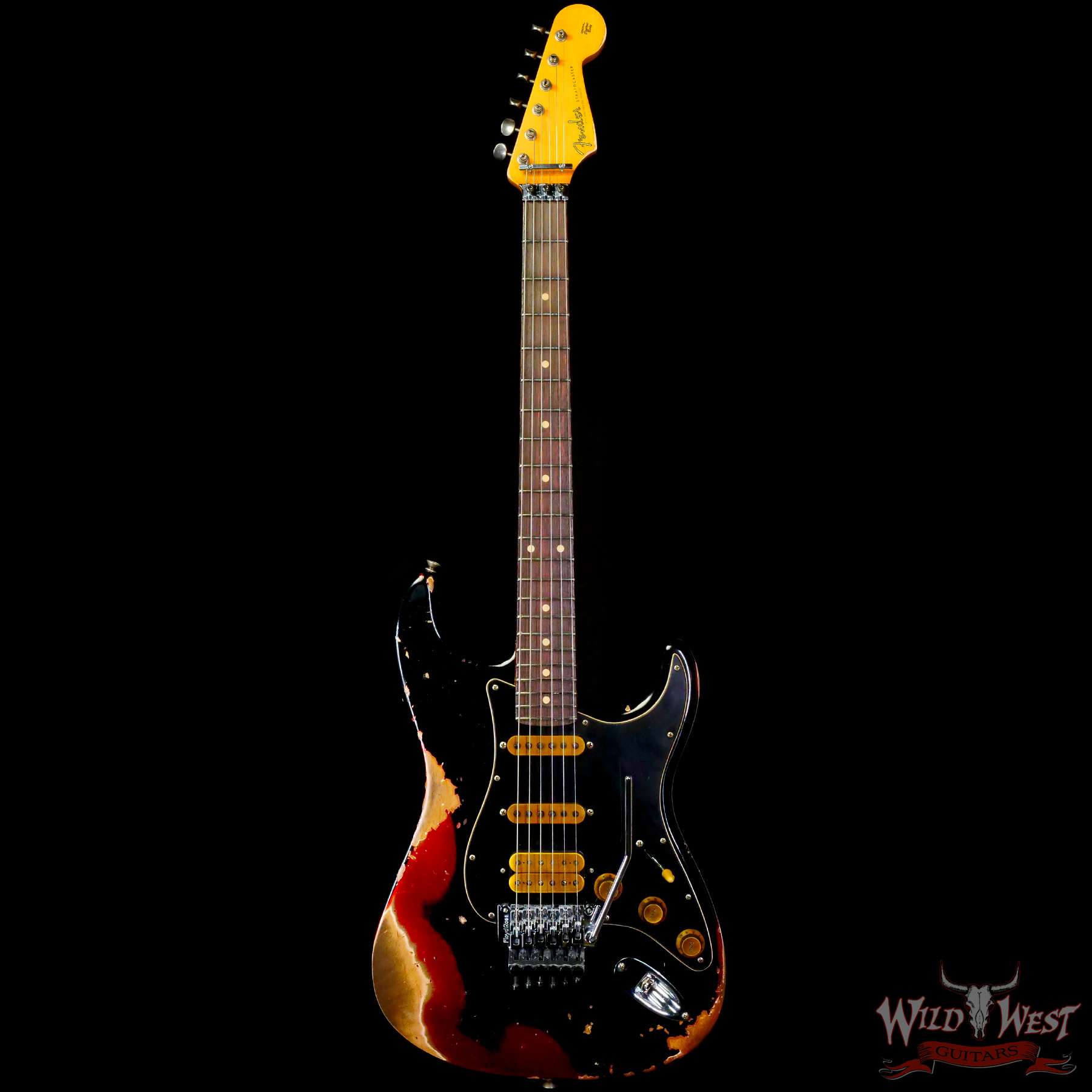 fendercs-blfr-r130945-c1__wwg.jpg Fender Custom Shop Wild West Black Lightning Stratocaster HSS Floyd Rose Rosewood Board Black Pickguard Heavy Relic Candy Apple Red - Image 3