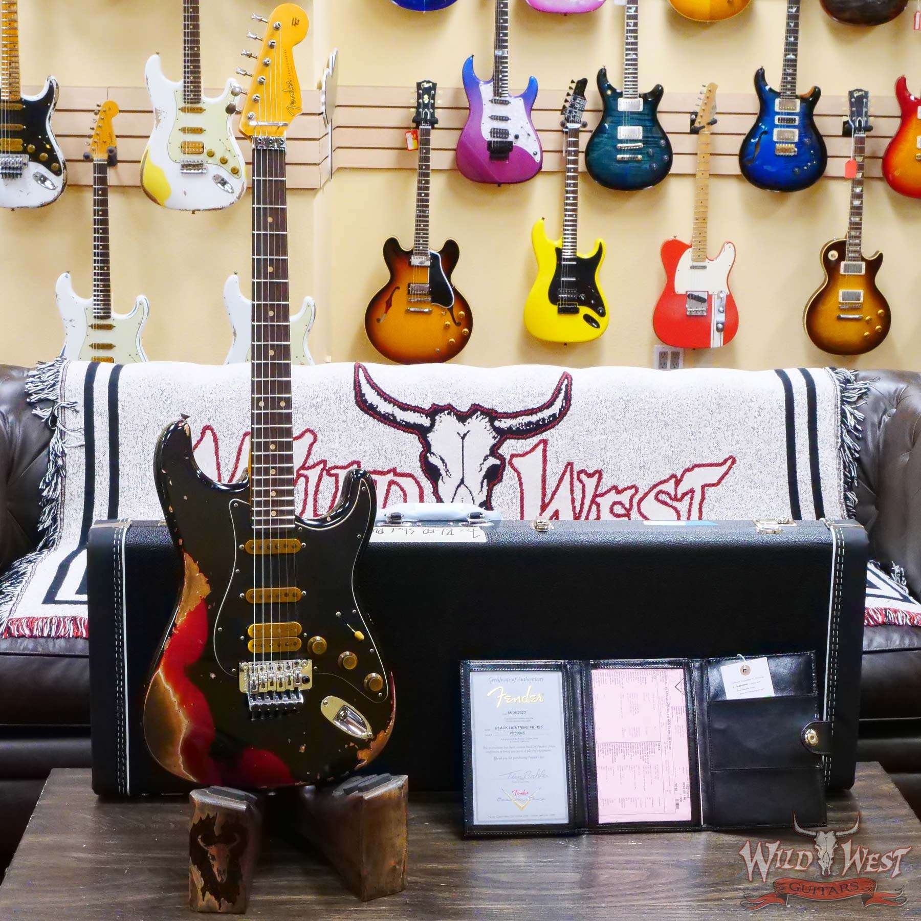 fendercs-blfr-r130945-d1__wwg.jpg Fender Custom Shop Wild West Black Lightning Stratocaster HSS Floyd Rose Rosewood Board Black Pickguard Heavy Relic Candy Apple Red - Image 6