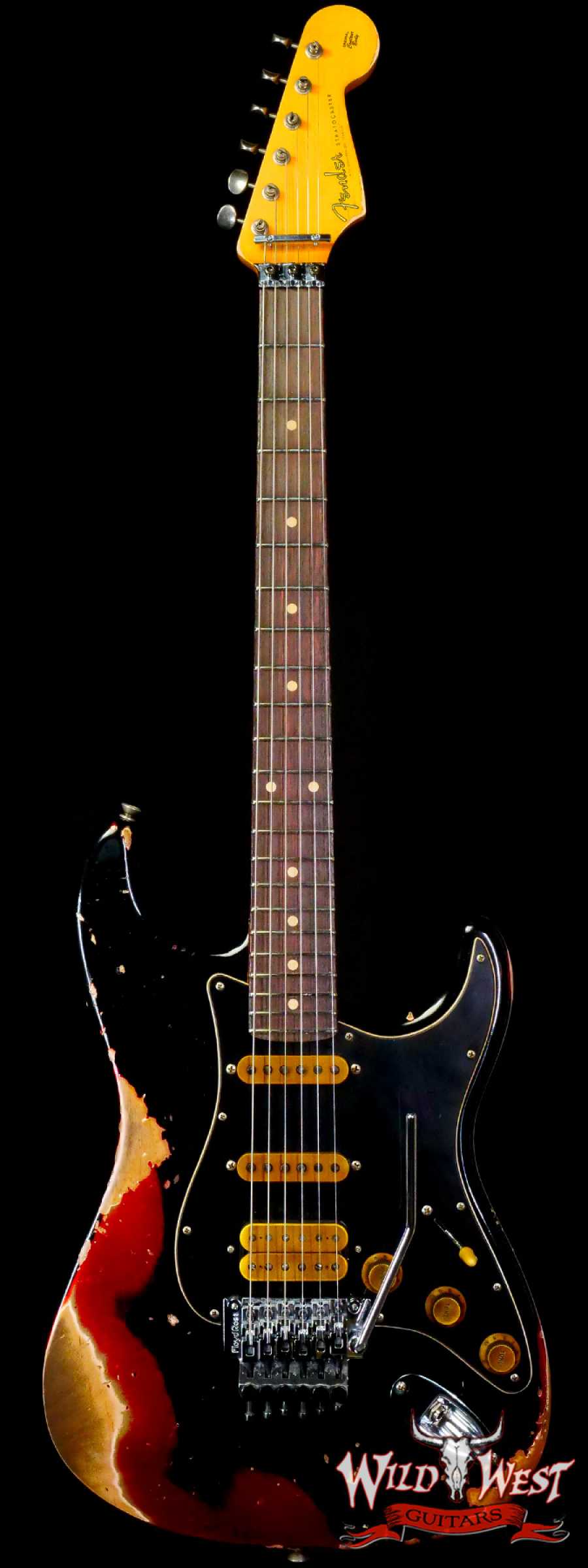 fendercs-blfr-r130945-main__wwg_large.jpg Fender Custom Shop Wild West Black Lightning Stratocaster HSS Floyd Rose Rosewood Board Black Pickguard Heavy Relic Candy Apple Red - Image 1