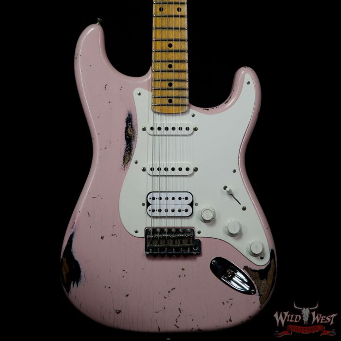 Fender Custom Shop Dennis Galuszka Masterbuilt 1956 HSS Stratocaster Heavy Relic Shell Pink over Black - Image 3