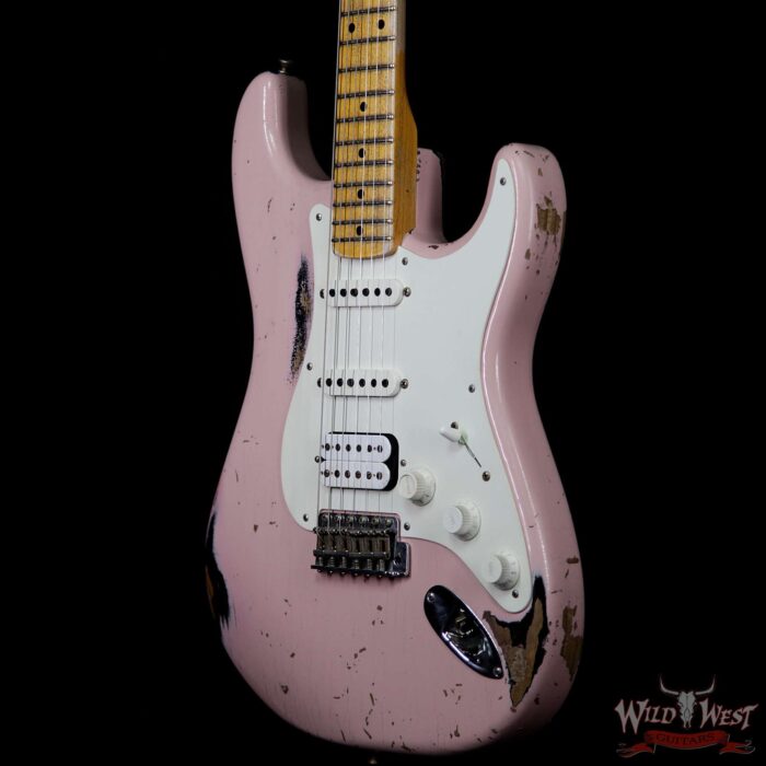 Fender Custom Shop Dennis Galuszka Masterbuilt 1956 HSS Stratocaster Heavy Relic Shell Pink over Black - Image 2