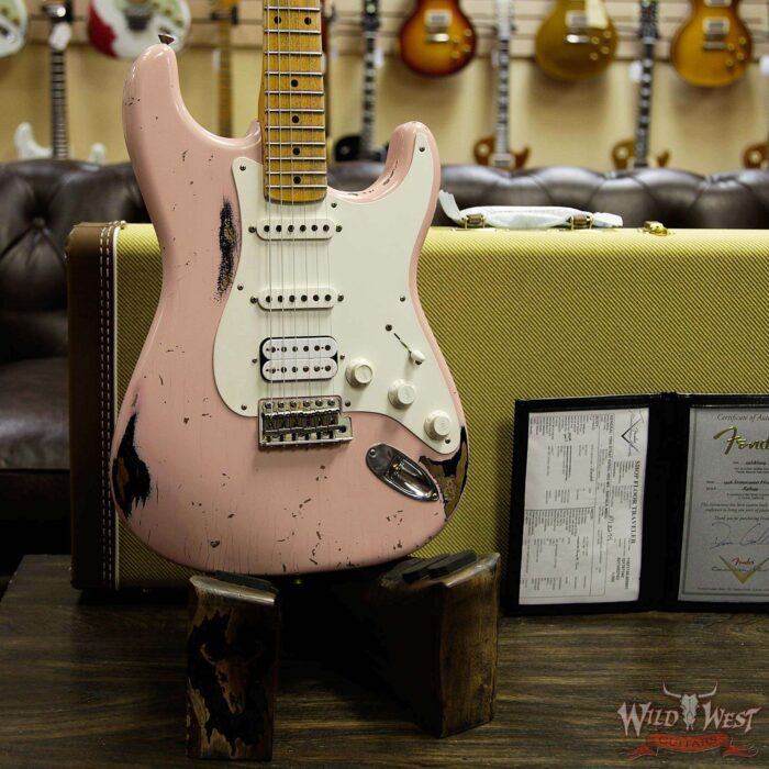 Fender Custom Shop Dennis Galuszka Masterbuilt 1956 HSS Stratocaster Heavy Relic Shell Pink over Black - Image 12