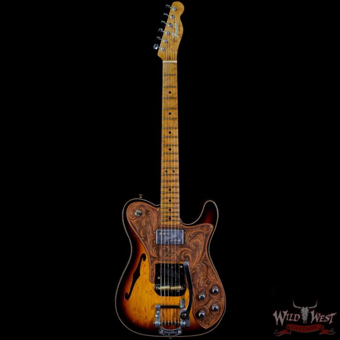 Fender Custom Shop Ron Thorn Masterbuilt 72 Telecaster Custom Thinline Bigsby Leather Tooled Pickguard by Beth Freeman Journeyman Relic 3 Tone Sunburst - Image 3