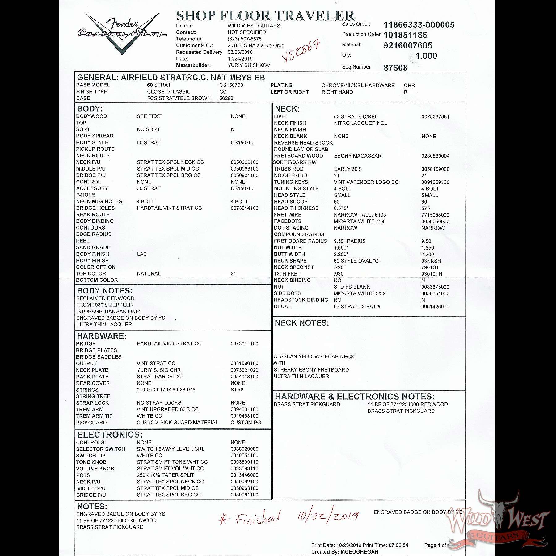 fendercs-mbys-airfieldstratcc-ys2867-coa2__wwg.jpg Fender Custom Shop Yuriy Shishkov Masterbuilt Airfield Stratocaster Closet Classic Reclaimed Redwood from Hangar One Zeppelin Storage - Image 16