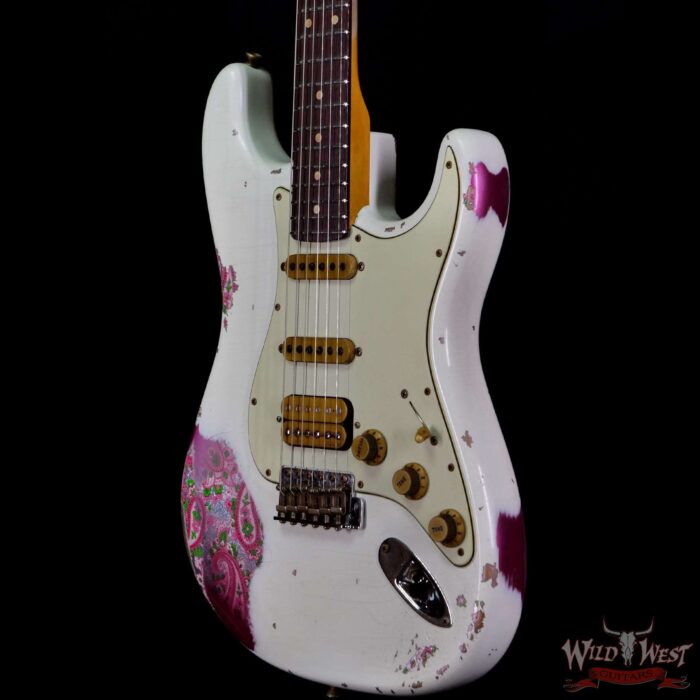 Fender Custom Shop Wild West White Lightning 2.0 Stratocaster HSS Rosewood Board 22 Frets Heavy Relic Pink Paisley - Image 2