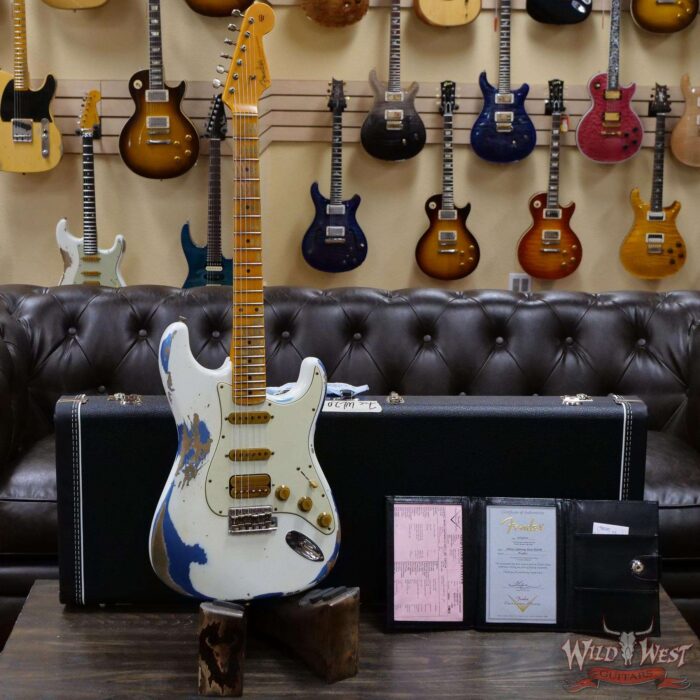 Fender Custom Shop Wild West White Lightning 2.0 Stratocaster HSS Maple Board 21 Frets Heavy Relic Lake Placid Blue - Image 6