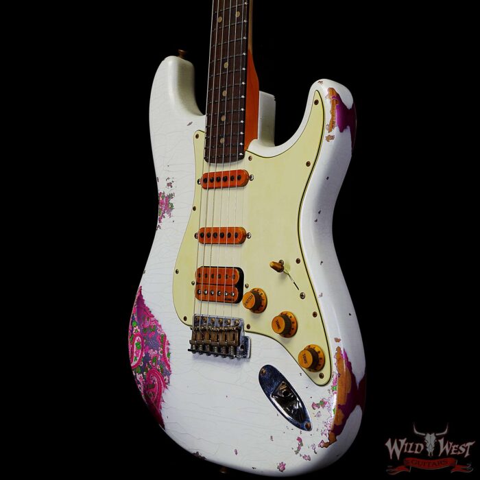 Fender Custom Shop Wild West White Lightning 2.0 Stratocaster HSS Rosewood Board 22 Frets Heavy Relic Pink Paisley - Image 2