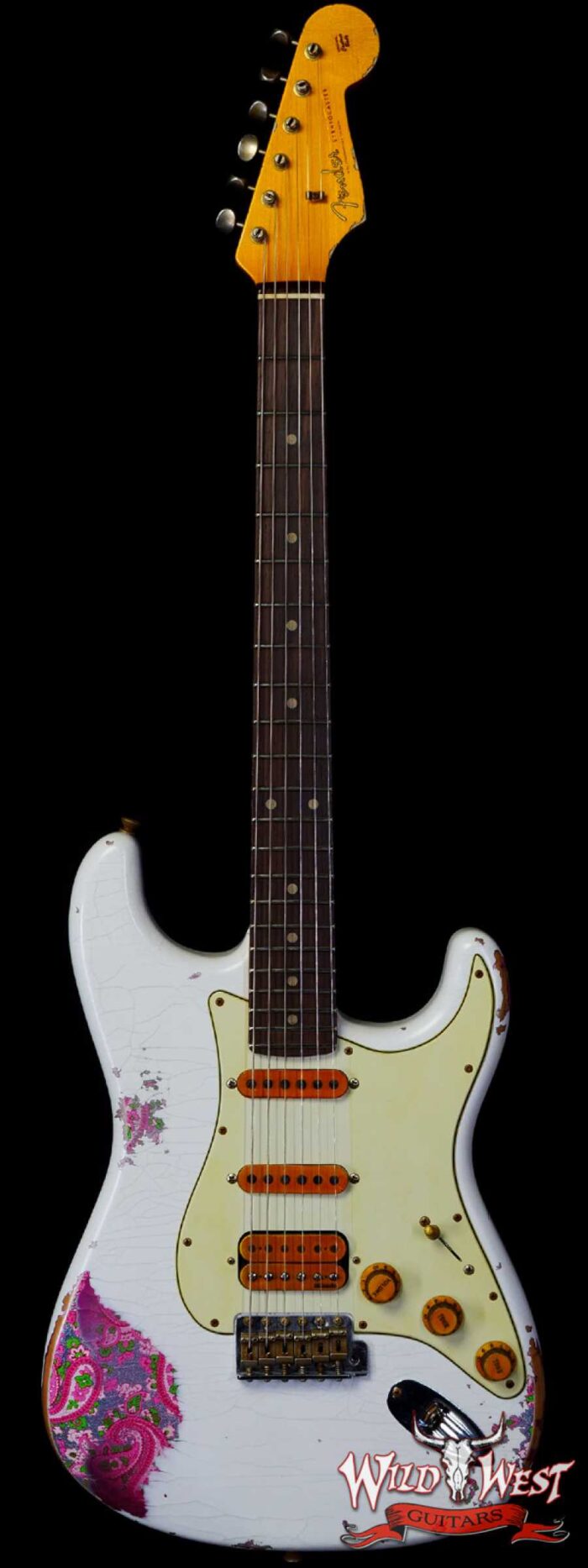 Fender Custom Shop Wild West White Lightning 2.0 Stratocaster HSS Rosewood Board 22 Frets Heavy Relic Pink Paisley - Image 1