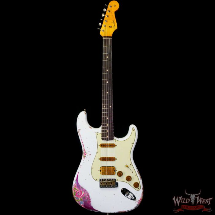 Fender Custom Shop Wild West White Lightning 2.0 Stratocaster HSS Rosewood Board 21 Frets Heavy Relic Pink Paisley - Image 3