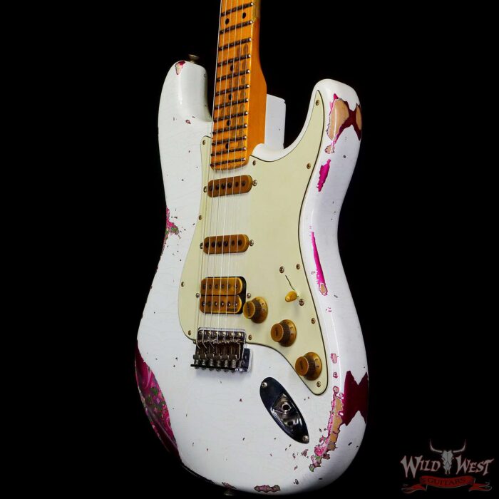 Fender Custom Shop Wild West White Lightning 2.0 Stratocaster HSS Maple Board 22 Frets Heavy Relic Pink Paisley - Image 2