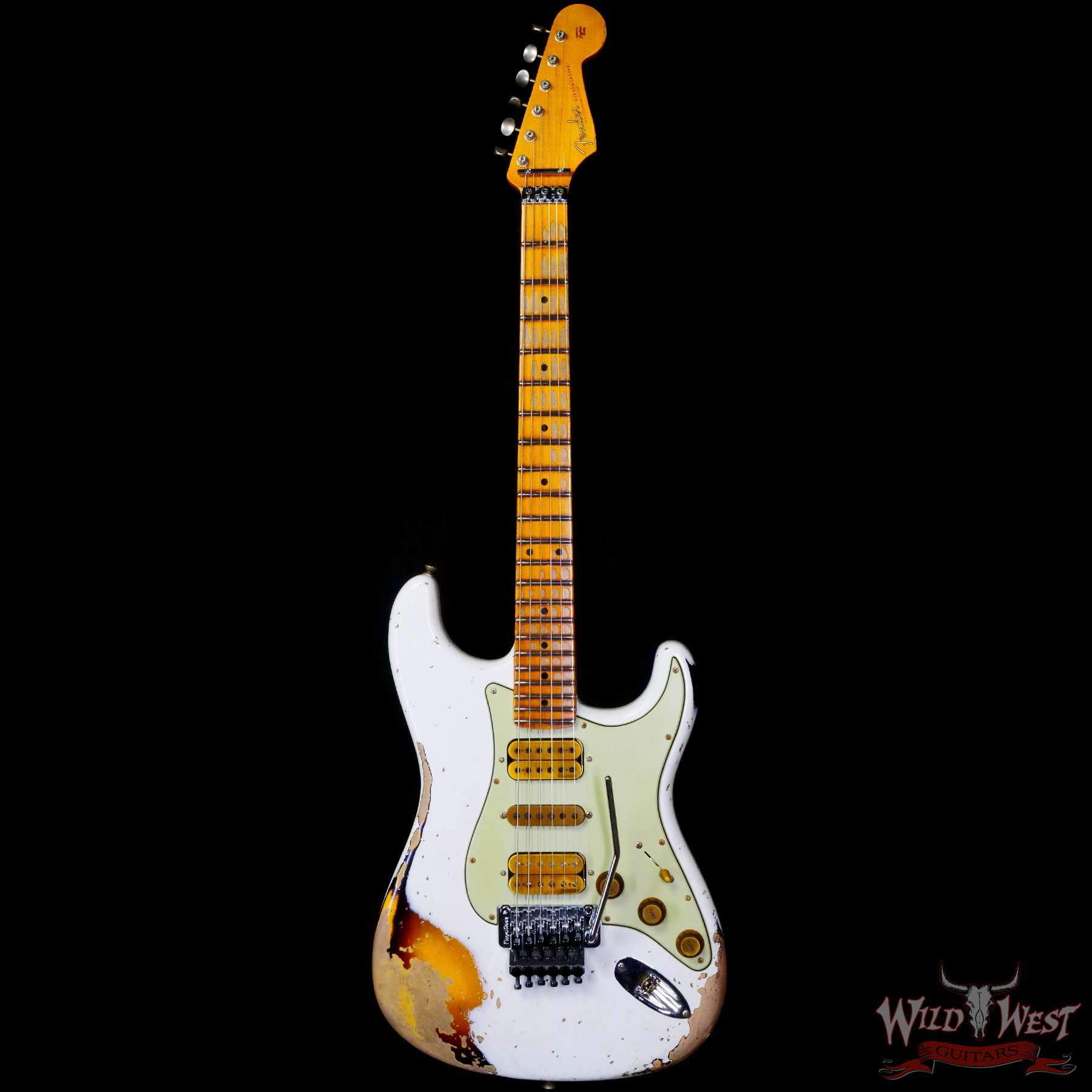 fendercs-wlfr-2ts-mn22-r129707-c1__wwg.jpg Fender Custom Shop Wild West White Lightning Stratocaster HSH Floyd Rose Maple Board Heavy Relic Olympic White over 2 Tone Sunburst - Image 3