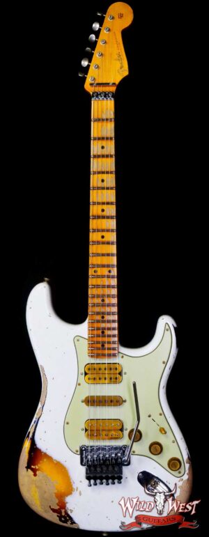 Fender Custom Shop Wild West White Lightning Stratocaster HSH Floyd Rose Maple Board Heavy Relic Olympic White over 2 Tone Sunburst