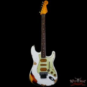 Fender Custom Shop Wild West White Lightning Stratocaster HSH Floyd Rose Rosewood Board Heavy Relic Olympic White over 3 Tone Sunburst - Image 3