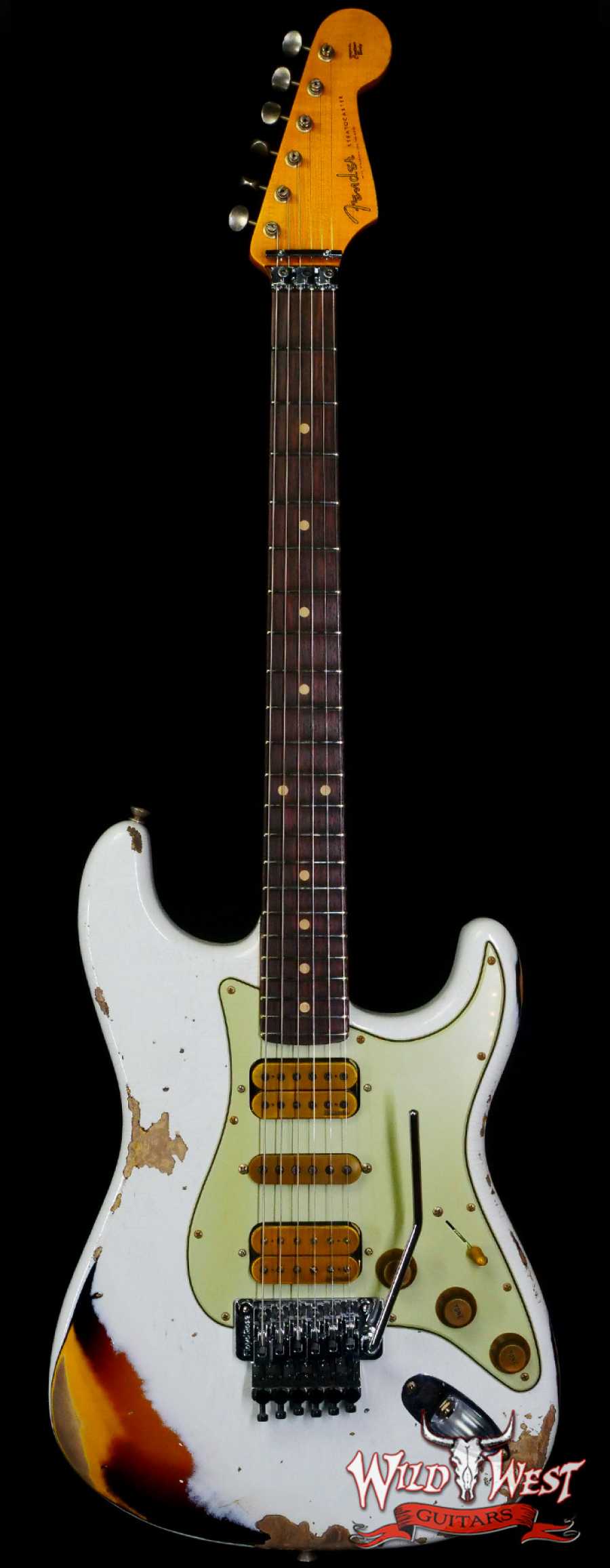 fendercs-wlfr-hsh-3ts-r130679-main__wwg_large.jpg Fender Custom Shop Wild West White Lightning Stratocaster HSH Floyd Rose Rosewood Board Heavy Relic Olympic White over 3 Tone Sunburst - Image 1