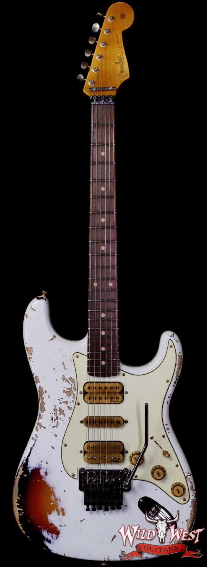 Fender Custom Shop Wild West White Lightning Stratocaster Floyd Rose HSH Rosewood Fingerboard 22 Frets Heavy Relic 3 Tone Sunburst 8.10 lbs - Image 1