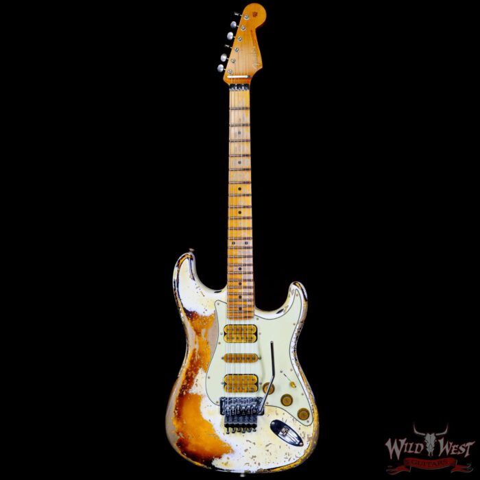 Fender Custom Shop Wild West White Lightning Stratocaster HSH Floyd Rose Maple Fingerboard Heavy Relic Olympic White over 2 Tone Sunburst - Image 3