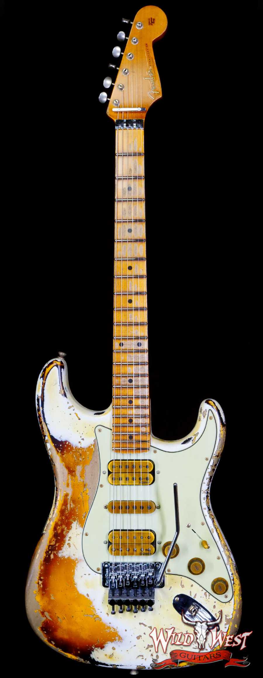 fendercs-wlfr-hsh-mn-r130931-main__wwg_large.jpg Fender Custom Shop Wild West White Lightning Stratocaster HSH Floyd Rose Maple Fingerboard Heavy Relic Olympic White over 2 Tone Sunburst - Image 1