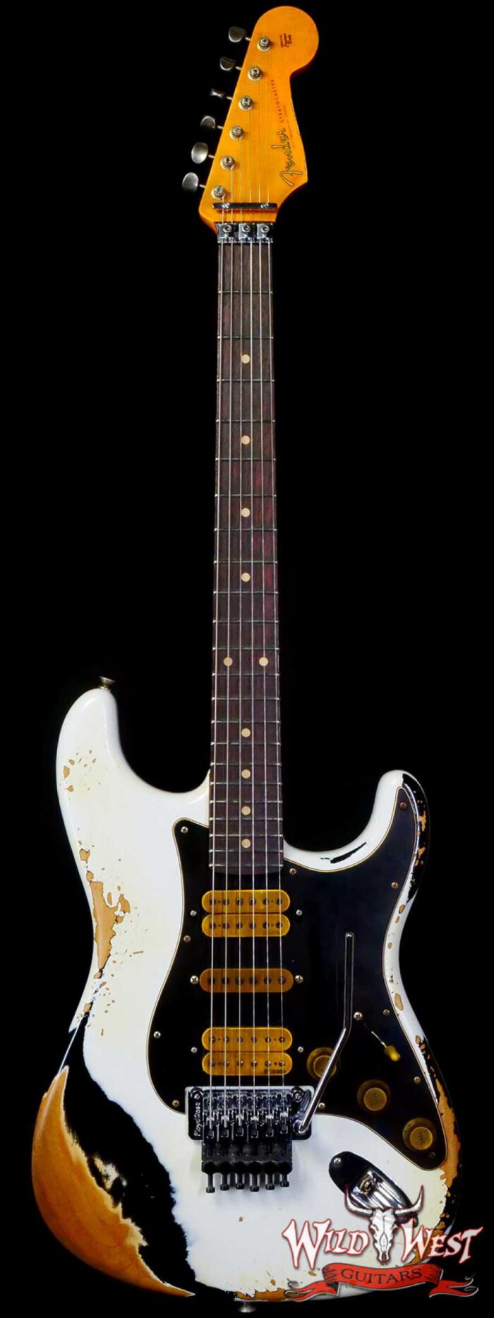 Fender Custom Shop Wild West White Lightning Stratocaster HSH Floyd Rose Rosewood Board Black Pickguard Heavy Relic Olympic White over Black - Image 1