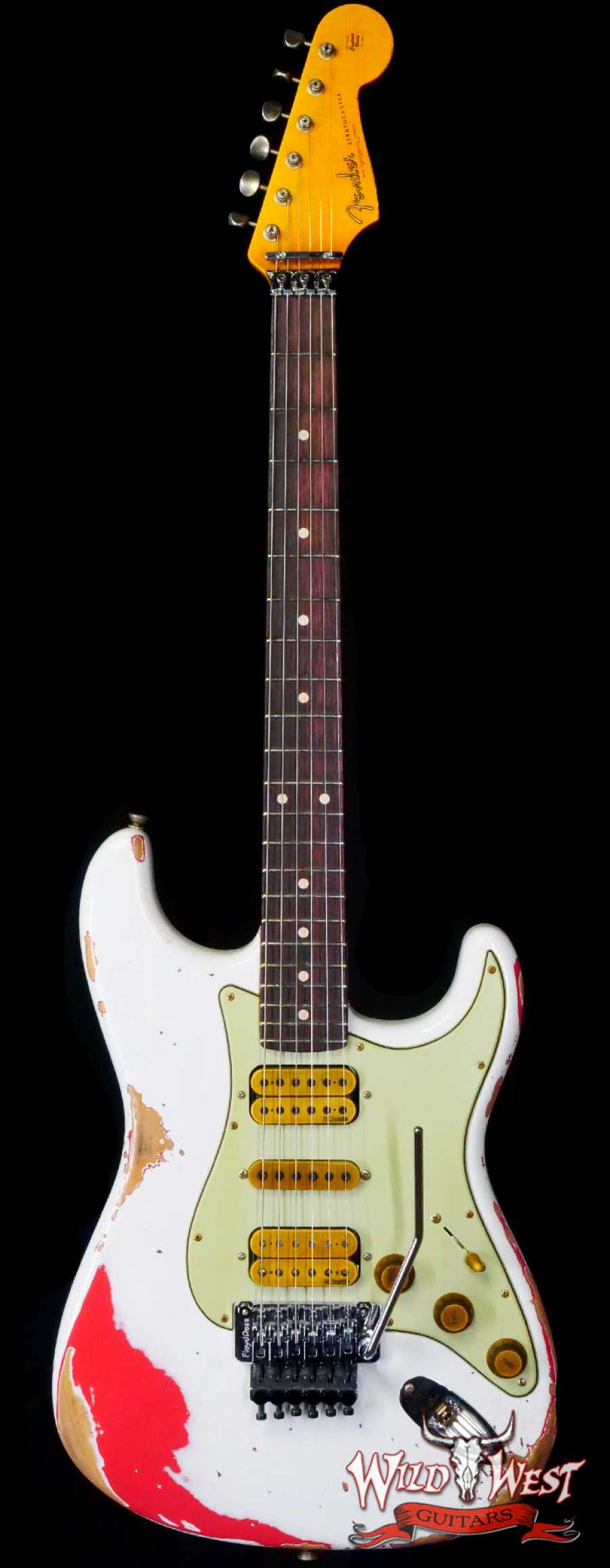 fendercs-wlfr-hsh-r130894-main__wwg_large.jpg Fender Custom Shop Wild West White Lightning Stratocaster HSH Floyd Rose Rosewood Board 22 Frets Heavy Relic Fiesta Red - Image 1