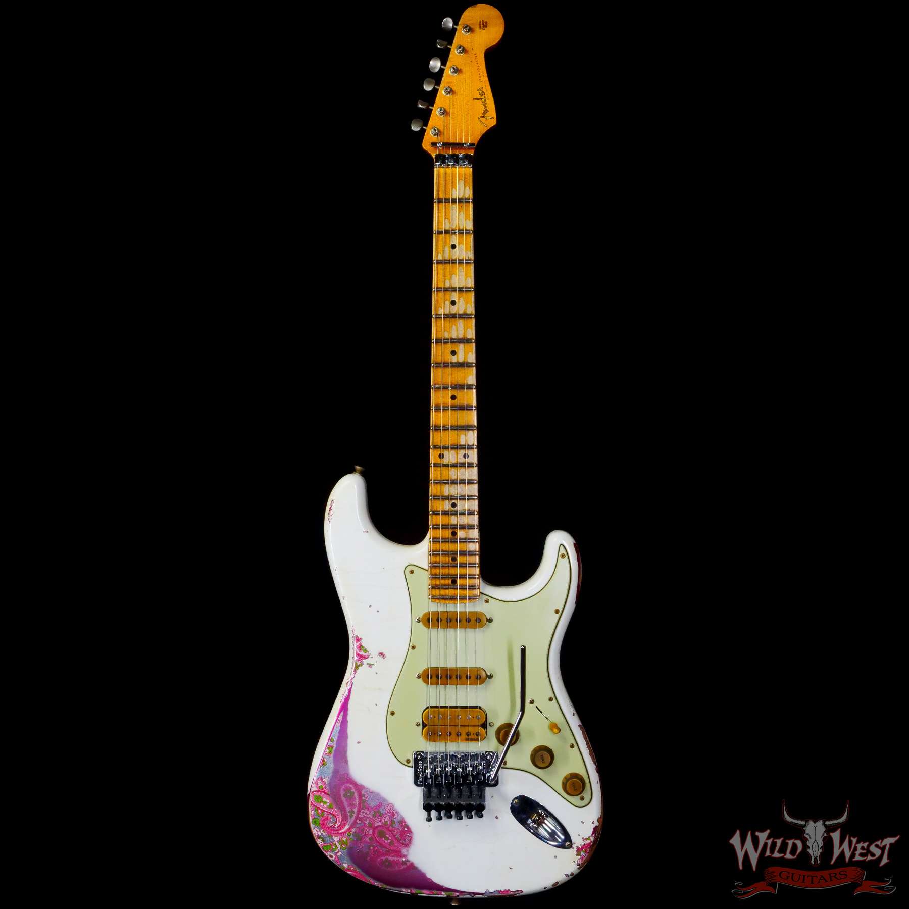 fendercs-wlfr-ppsly-r117779-c1__wwg.jpg Fender Custom Shop Wild West White Lightning Stratocaster HSS Floyd Rose Maple Board 22 Frets Heavy Relic Pink Paisley - Image 3