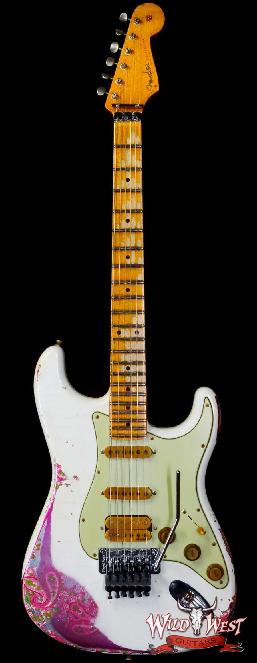 fendercs-wlfr-ppsly-r117779-main__wwg_large.jpg Fender Custom Shop Wild West White Lightning Stratocaster HSS Floyd Rose Maple Board 22 Frets Heavy Relic Pink Paisley - Image 1