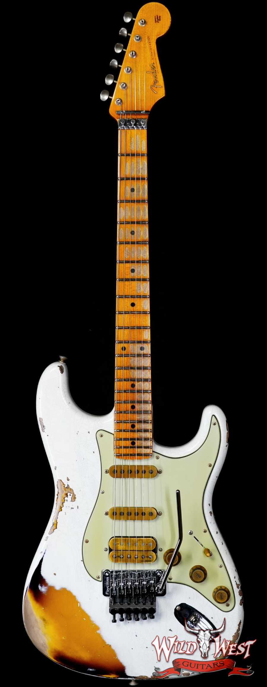 fendercs-wlfr-r127295-main__wwg_large.jpg Fender Custom Shop Wild West White Lightning Stratocaster HSS Floyd Rose Maple Board 22 Frets Heavy Relic 2 Tone Sunburst 7.95 LBS - Image 1
