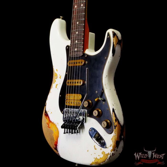 Fender Custom Shop Wild West White Lightning Stratocaster HSS Floyd Rose Rosewood Fingerboard Black Pickguard Heavy Relic Olympic White over 3 Tone Sunburst - Image 2