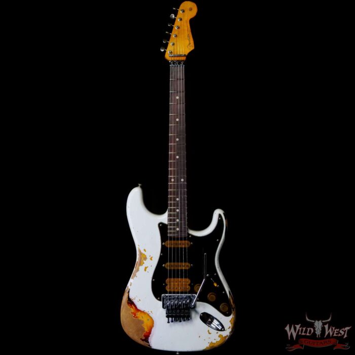 Fender Custom Shop Wild West White Lightning Stratocaster HSS Floyd Rose Rosewood Fingerboard Black Pickguard Heavy Relic Olympic White over 3 Tone Sunburst - Image 3